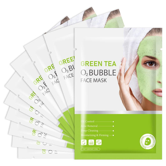 IREV 10er-Pack Green Tea O2 Bubble Gesichtsmasken Blatt – Reinigende Schaummaske für Akne und Poren, feuchtigkeitsspendende Schönheitsmaske
