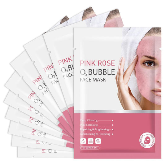 IREV 10er-Pack Pink Rose O2 Bubble Gesichtsmasken – Reinigende Schaummaske für Akne und Poren, feuchtigkeitsspendende Beauty Sheet Masks, ideales Wellness-Geschenk für Frauen