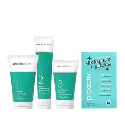 Proactiv Clean 3-Stufen Akne-Routine mit Pickelpflastern – Schwefel-Reiniger, Azelainsäure-Serum & Feuchtigkeitscreme für empfindliche, zu Akne neigende Haut – 30-Tage-Set inkl. Pickelpflaster
