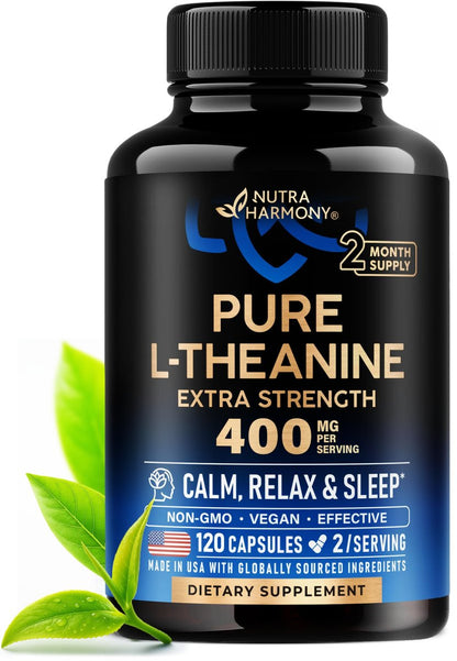 L-Theanin 400 mg | Hochdosiertes Stressabbau-Präparat | Laborgeprüft | Entspannung, Schlaf & Ruhe | Für Männer & Frauen | Pflanzlich, Nicht-GVO & Glutenfrei | 120 vegane Kapseln