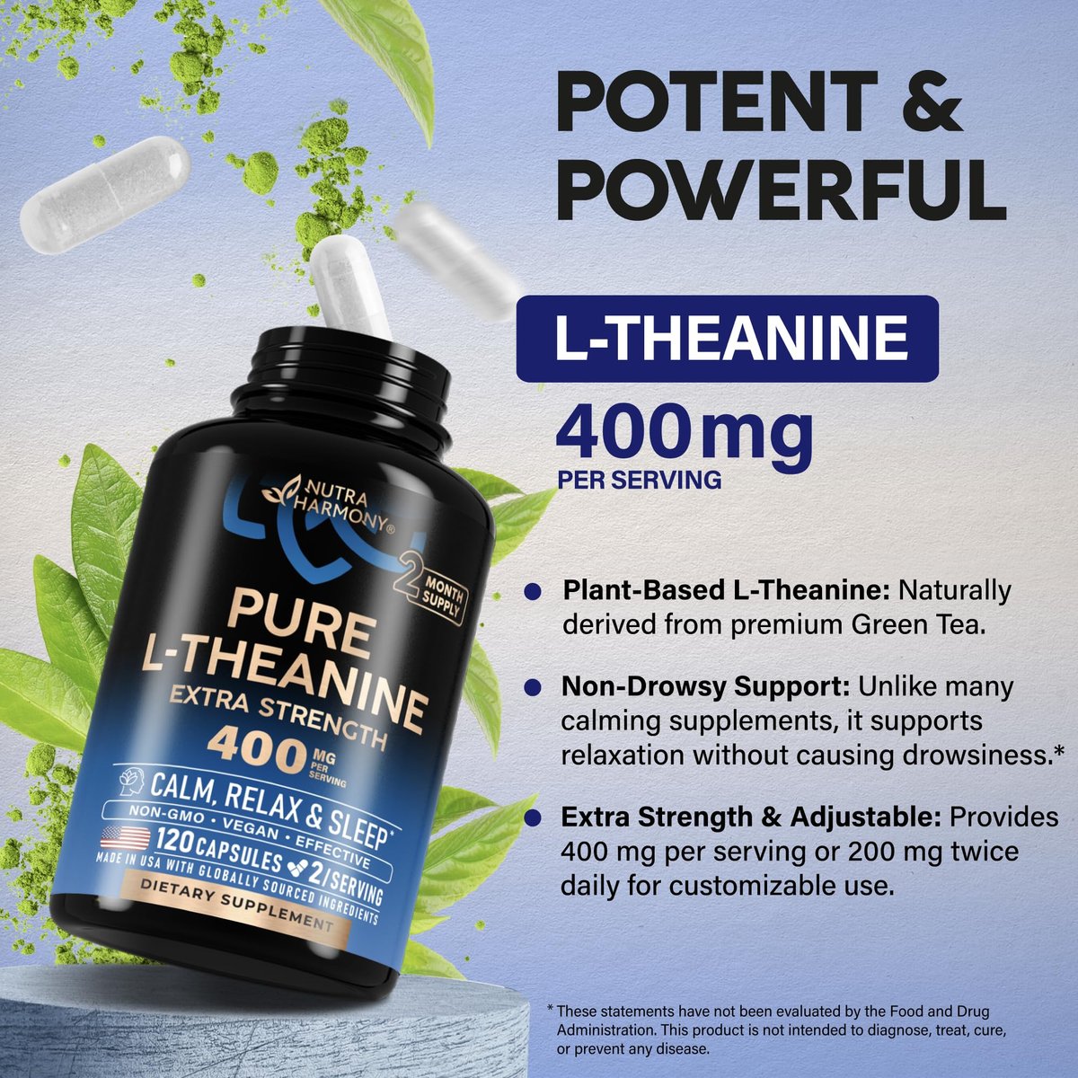 L-Theanin 400 mg | Hochdosiertes Stressabbau-Präparat | Laborgeprüft | Entspannung, Schlaf & Ruhe | Für Männer & Frauen | Pflanzlich, Nicht-GVO & Glutenfrei | 120 vegane Kapseln