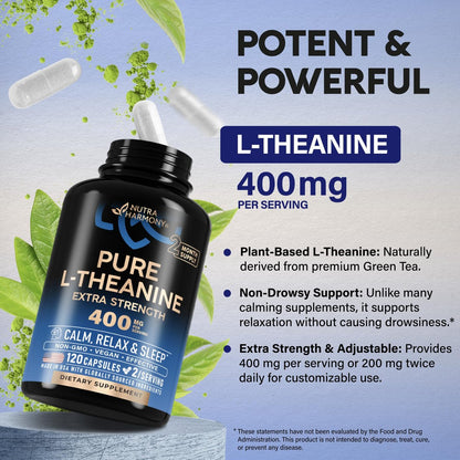 L-Theanin 400 mg | Hochdosiertes Stressabbau-Präparat | Laborgeprüft | Entspannung, Schlaf & Ruhe | Für Männer & Frauen | Pflanzlich, Nicht-GVO & Glutenfrei | 120 vegane Kapseln