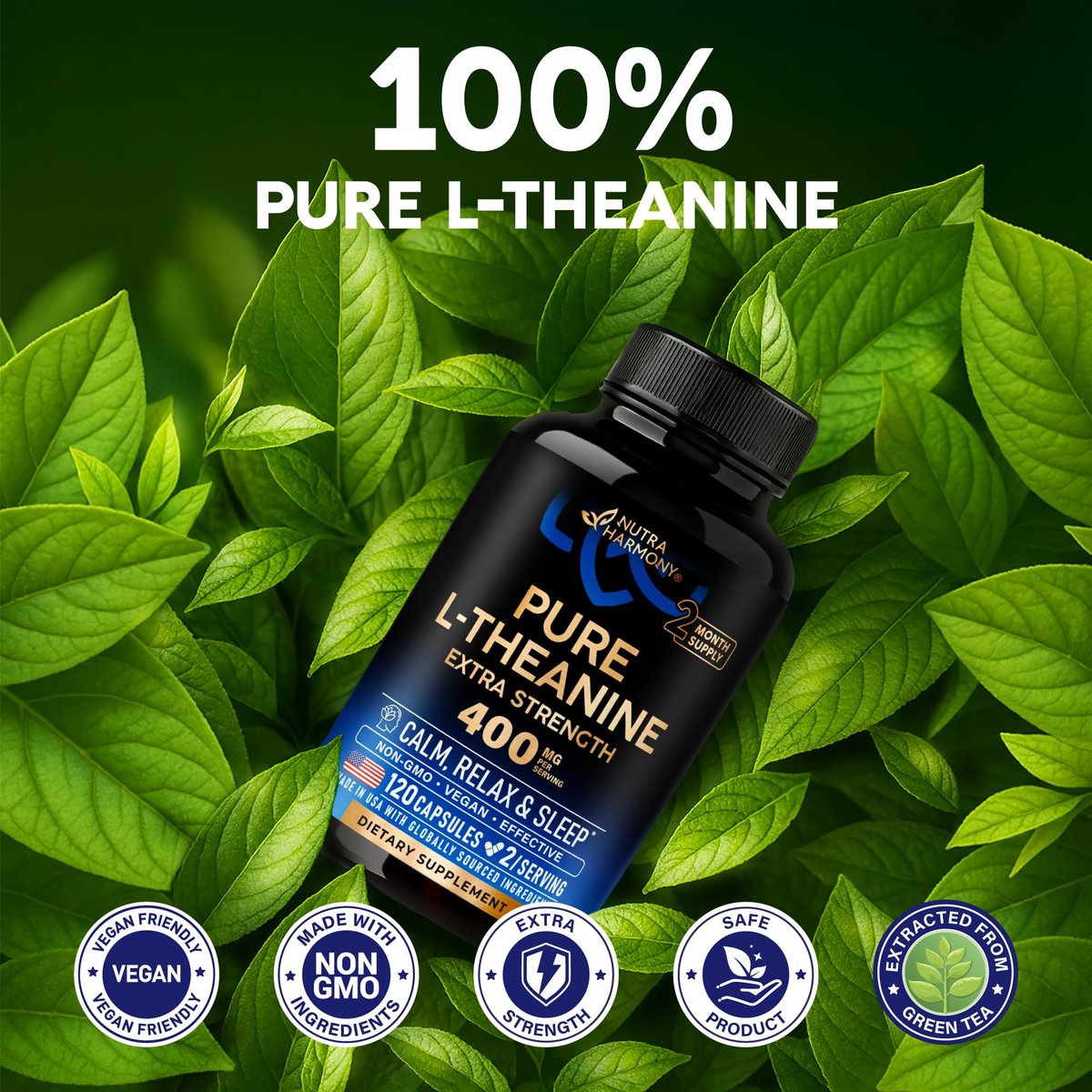 L-Theanin 400 mg | Hochdosiertes Stressabbau-Präparat | Laborgeprüft | Entspannung, Schlaf & Ruhe | Für Männer & Frauen | Pflanzlich, Nicht-GVO & Glutenfrei | 120 vegane Kapseln