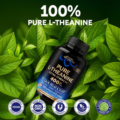 L-Theanin 400 mg | Hochdosiertes Stressabbau-Präparat | Laborgeprüft | Entspannung, Schlaf & Ruhe | Für Männer & Frauen | Pflanzlich, Nicht-GVO & Glutenfrei | 120 vegane Kapseln