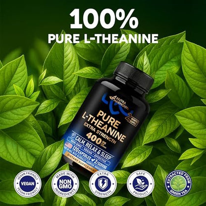 L-Theanin 400 mg | Hochdosiertes Stressabbau-Präparat | Laborgeprüft | Entspannung, Schlaf & Ruhe | Für Männer & Frauen | Pflanzlich, Nicht-GVO & Glutenfrei | 120 vegane Kapseln