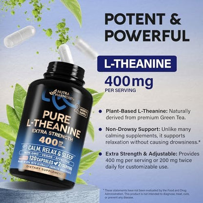 L-Theanin 400 mg | Hochdosiertes Stressabbau-Präparat | Laborgeprüft | Entspannung, Schlaf & Ruhe | Für Männer & Frauen | Pflanzlich, Nicht-GVO & Glutenfrei | 120 vegane Kapseln