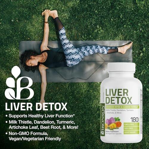 Bronson Leber-Detox Fortschrittliche Entgiftungs- & Reinigungsformel zur Unterstützung einer gesunden Leberfunktion mit Mariendistel, Löwenzahnextrakt, Kurkuma, Artischockenblatt & mehr, Non-GMO, 60 vegane Kapseln