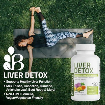 Bronson Leber-Detox Fortschrittliche Entgiftungs- & Reinigungsformel zur Unterstützung einer gesunden Leberfunktion mit Mariendistel, Löwenzahnextrakt, Kurkuma, Artischockenblatt & mehr, Non-GMO, 60 vegane Kapseln