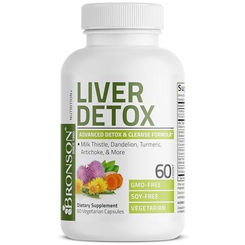 Bronson Leber-Detox Fortschrittliche Entgiftungs- & Reinigungsformel zur Unterstützung einer gesunden Leberfunktion mit Mariendistel, Löwenzahnextrakt, Kurkuma, Artischockenblatt & mehr, Non-GMO, 60 vegane Kapseln