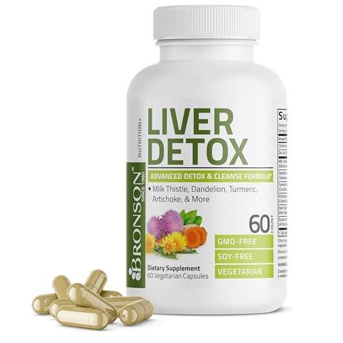 Bronson Leber-Detox Fortschrittliche Entgiftungs- & Reinigungsformel zur Unterstützung einer gesunden Leberfunktion mit Mariendistel, Löwenzahnextrakt, Kurkuma, Artischockenblatt & mehr, Non-GMO, 60 vegane Kapseln