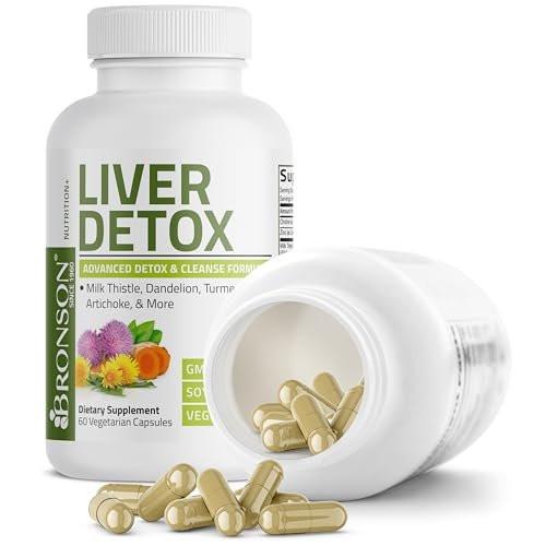 Bronson Leber-Detox Fortschrittliche Entgiftungs- & Reinigungsformel zur Unterstützung einer gesunden Leberfunktion mit Mariendistel, Löwenzahnextrakt, Kurkuma, Artischockenblatt & mehr, Non-GMO, 60 vegane Kapseln