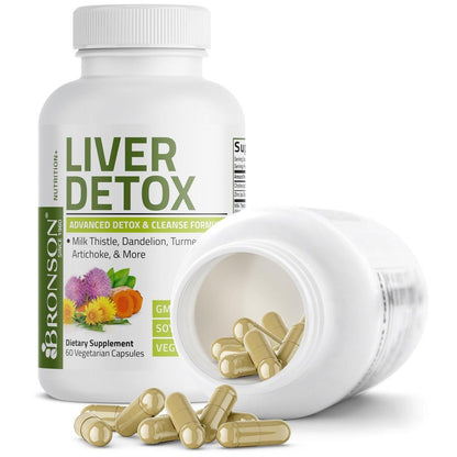 Bronson Leber-Detox Fortschrittliche Entgiftungs- & Reinigungsformel zur Unterstützung einer gesunden Leberfunktion mit Mariendistel, Löwenzahnextrakt, Kurkuma, Artischockenblatt & mehr, Non-GMO, 60 vegane Kapseln
