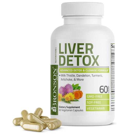 Bronson Leber-Detox Fortschrittliche Entgiftungs- & Reinigungsformel zur Unterstützung einer gesunden Leberfunktion mit Mariendistel, Löwenzahnextrakt, Kurkuma, Artischockenblatt & mehr, Non-GMO, 60 vegane Kapseln