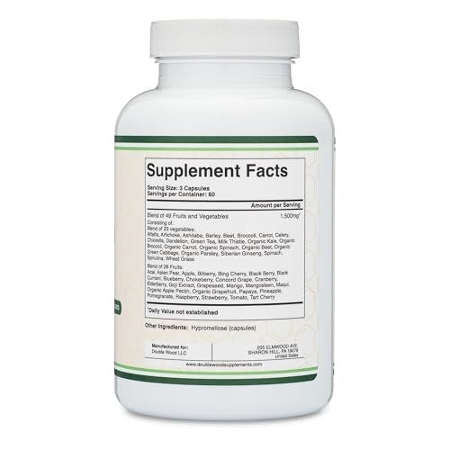 Obst und Gemüse Supplement – Tägliche Mischung aus 49 verschiedenen Früchten und Gemüsen, 23 Gemüse und 29 Früchte, 1.500 mg pro Portion, 180 Kapseln (Ohne Füllstoffe, Vegan, Nicht-GVO) von Double Wood