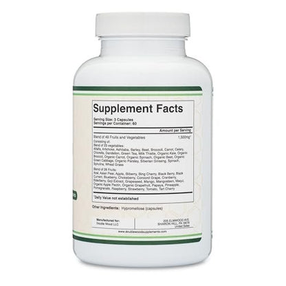 Obst und Gemüse Supplement – Tägliche Mischung aus 49 verschiedenen Früchten und Gemüsen, 23 Gemüse und 29 Früchte, 1.500 mg pro Portion, 180 Kapseln (Ohne Füllstoffe, Vegan, Nicht-GVO) von Double Wood