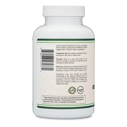 Obst und Gemüse Supplement – Tägliche Mischung aus 49 verschiedenen Früchten und Gemüsen, 23 Gemüse und 29 Früchte, 1.500 mg pro Portion, 180 Kapseln (Ohne Füllstoffe, Vegan, Nicht-GVO) von Double Wood