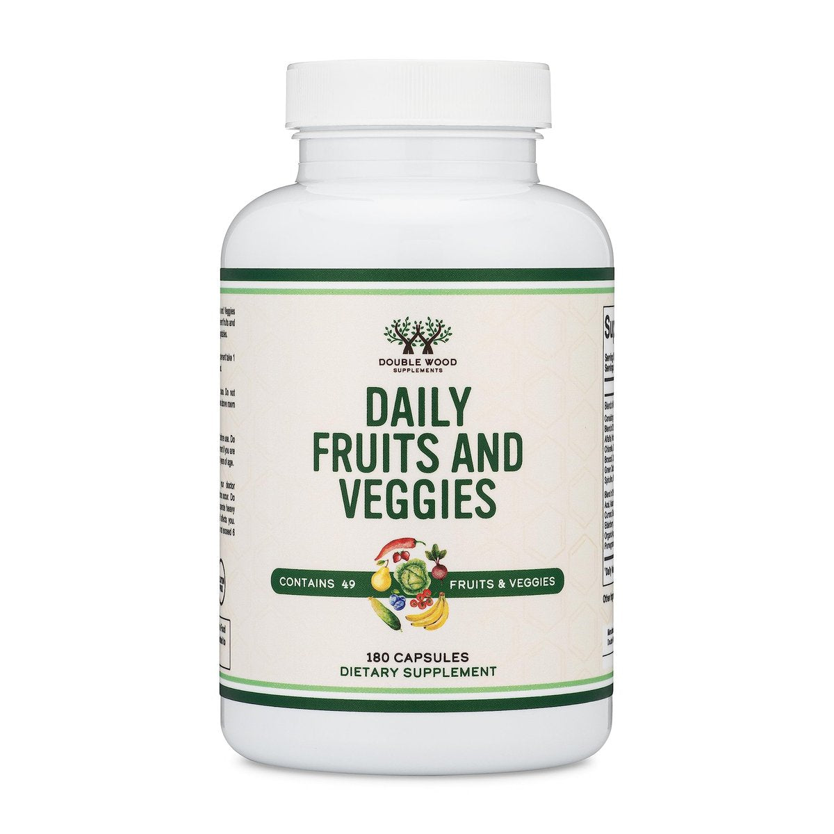 Obst und Gemüse Supplement – Tägliche Mischung aus 49 verschiedenen Früchten und Gemüsen, 23 Gemüse und 29 Früchte, 1.500 mg pro Portion, 180 Kapseln (Ohne Füllstoffe, Vegan, Nicht-GVO) von Double Wood