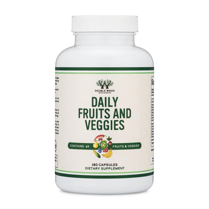 Obst und Gemüse Supplement – Tägliche Mischung aus 49 verschiedenen Früchten und Gemüsen, 23 Gemüse und 29 Früchte, 1.500 mg pro Portion, 180 Kapseln (Ohne Füllstoffe, Vegan, Nicht-GVO) von Double Wood