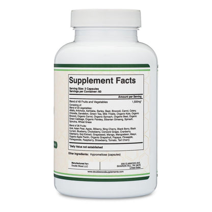 Obst und Gemüse Supplement – Tägliche Mischung aus 49 verschiedenen Früchten und Gemüsen, 23 Gemüse und 29 Früchte, 1.500 mg pro Portion, 180 Kapseln (Ohne Füllstoffe, Vegan, Nicht-GVO) von Double Wood