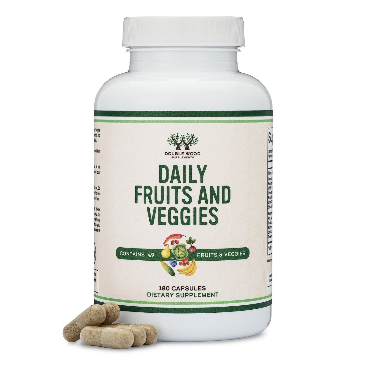 Obst und Gemüse Supplement – Tägliche Mischung aus 49 verschiedenen Früchten und Gemüsen, 23 Gemüse und 29 Früchte, 1.500 mg pro Portion, 180 Kapseln (Ohne Füllstoffe, Vegan, Nicht-GVO) von Double Wood