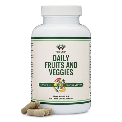 Obst und Gemüse Supplement – Tägliche Mischung aus 49 verschiedenen Früchten und Gemüsen, 23 Gemüse und 29 Früchte, 1.500 mg pro Portion, 180 Kapseln (Ohne Füllstoffe, Vegan, Nicht-GVO) von Double Wood