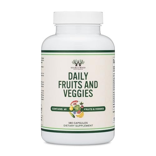 Obst und Gemüse Supplement – Tägliche Mischung aus 49 verschiedenen Früchten und Gemüsen, 23 Gemüse und 29 Früchte, 1.500 mg pro Portion, 180 Kapseln (Ohne Füllstoffe, Vegan, Nicht-GVO) von Double Wood