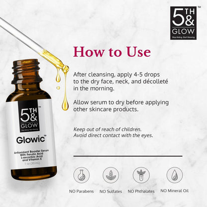 Glowic Vitamin C Serum mit Hyaluronsäure – Anti-Aging Gesichtsserum gegen dunkle Flecken, für strahlende Haut, Reduzierung von feinen Linien und Fältchen – 30 ml