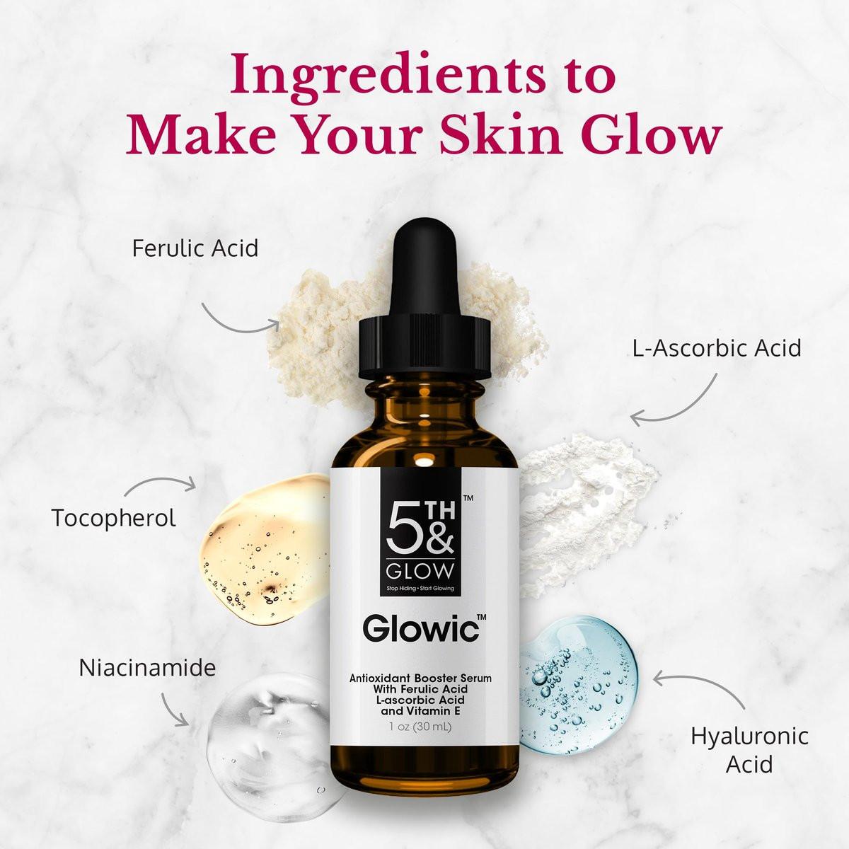 Glowic Vitamin C Serum mit Hyaluronsäure – Anti-Aging Gesichtsserum gegen dunkle Flecken, für strahlende Haut, Reduzierung von feinen Linien und Fältchen – 30 ml