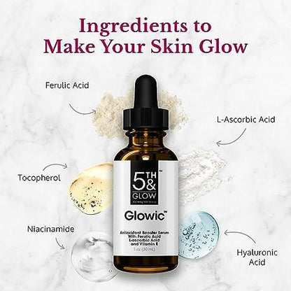 Glowic Vitamin C Serum mit Hyaluronsäure – Anti-Aging Gesichtsserum gegen dunkle Flecken, für strahlende Haut, Reduzierung von feinen Linien und Fältchen – 30 ml