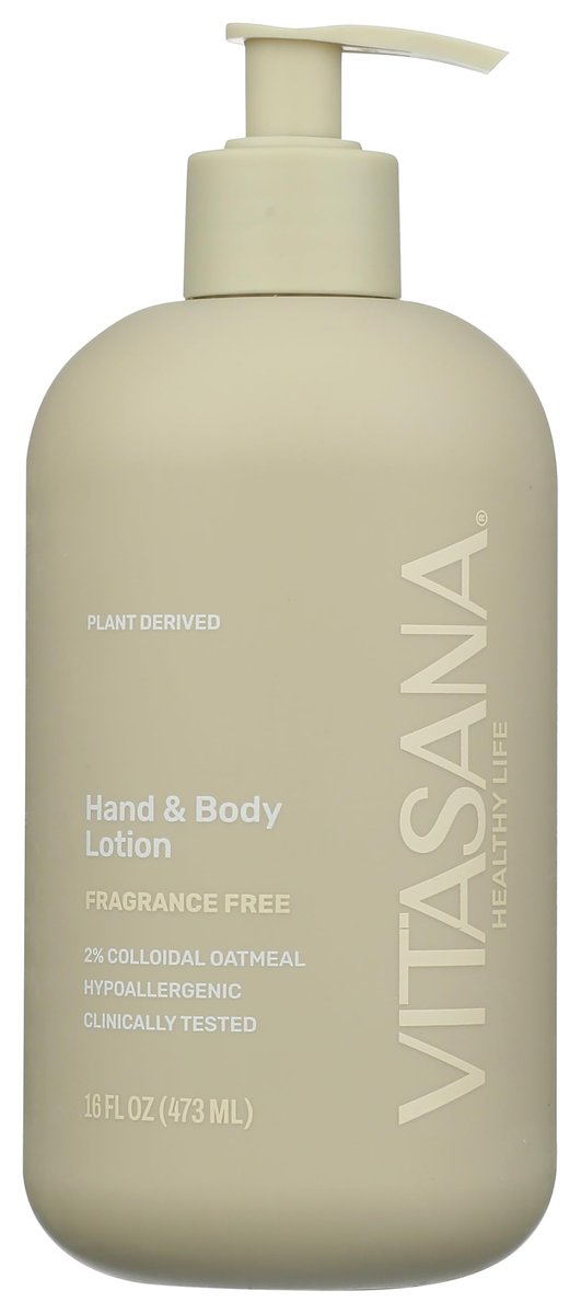 Vitasana Feuchtigkeitsspendende Hand- & Körperlotion, 473 ml – Duftfrei, 99 % pflanzlich, mit 2 % kolloidalem Hafermehl, EWG-zertifiziert, hypoallergen, parabenfrei, sulfatfrei, tierversuchsfrei