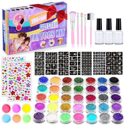 492-teiliges temporäres Glitzer-Tattoo-Set für Kinder – 41 Farben & 215 Strasssteine – 204 Schablonen – 24 Glitzerpulverfarben – 3 Kleber – 5 Pinsel – wasserfeste Tattoos für Partys & Make-up