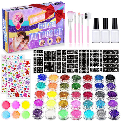 492-teiliges temporäres Glitzer-Tattoo-Set für Kinder – 41 Farben & 215 Strasssteine – 204 Schablonen – 24 Glitzerpulverfarben – 3 Kleber – 5 Pinsel – wasserfeste Tattoos für Partys & Make-up