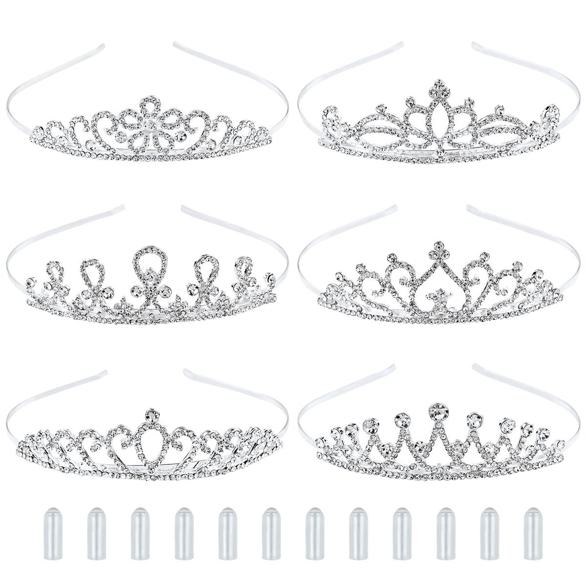 InSowni 6er-Pack Dekorative Funkelnde Strass-Silber-Metall-Kronen-Stirnbänder Tiara Hochzeit Braut Geburtstag Party Prom Kopfschmuck Haarzubehör für Frauen (inkl. 12 Silikonüberzüge für bequemen Sitz)