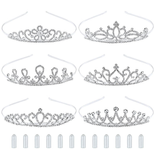 InSowni 6er-Pack Dekorative Funkelnde Strass-Silber-Metall-Kronen-Stirnbänder Tiara Hochzeit Braut Geburtstag Party Prom Kopfschmuck Haarzubehör für Frauen (inkl. 12 Silikonüberzüge für bequemen Sitz)