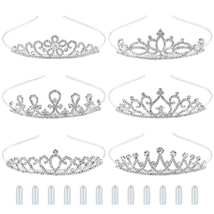 InSowni 6er-Pack Dekorative Funkelnde Strass-Silber-Metall-Kronen-Stirnbänder Tiara Hochzeit Braut Geburtstag Party Prom Kopfschmuck Haarzubehör für Frauen (inkl. 12 Silikonüberzüge für bequemen Sitz)