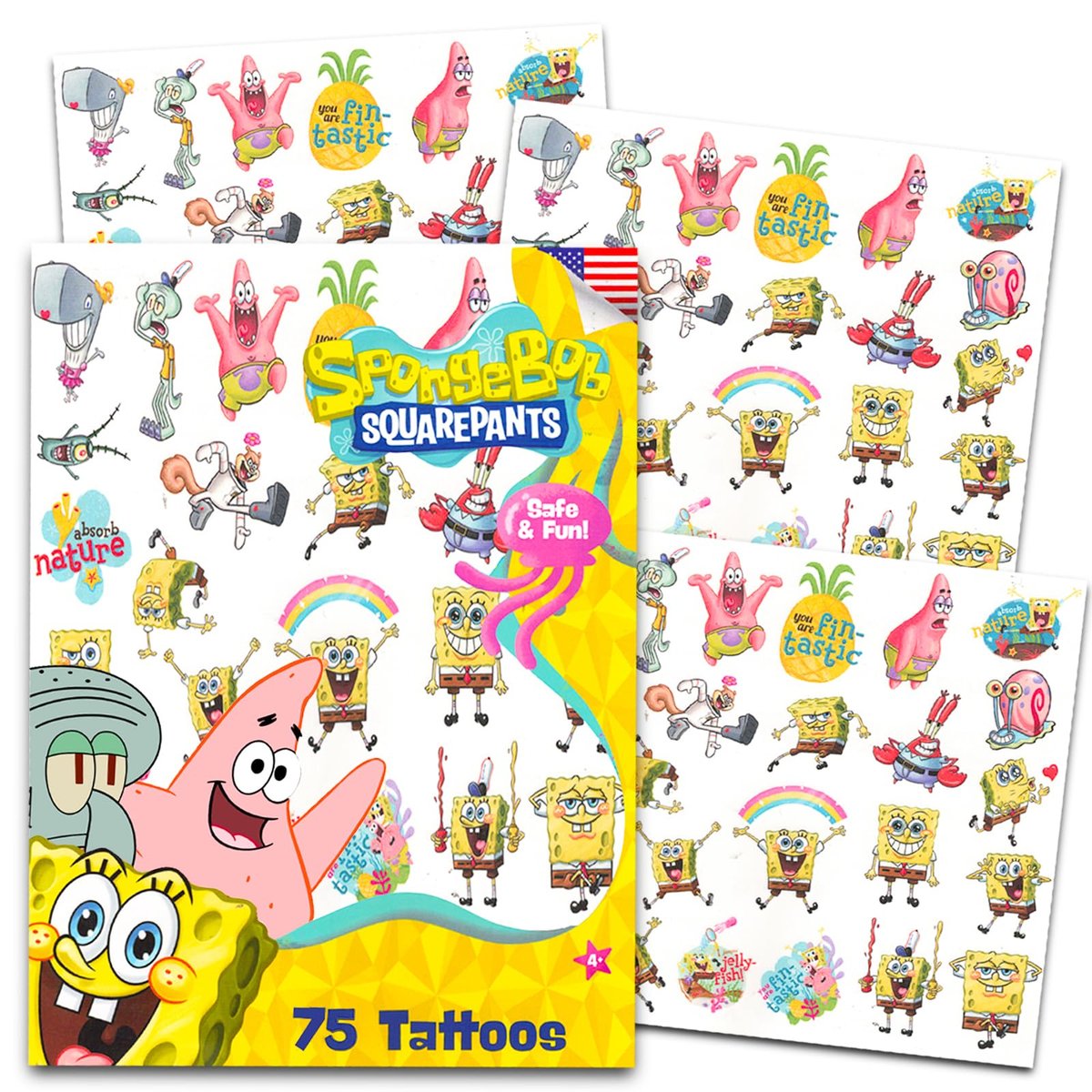 SpongeBob Schwammkopf Temporäre Tattoos für Kinder und Erwachsene - 75 Stück für Partygeschenke, Goodie Bags und mehr (SpongeBob Partybedarf Set)
