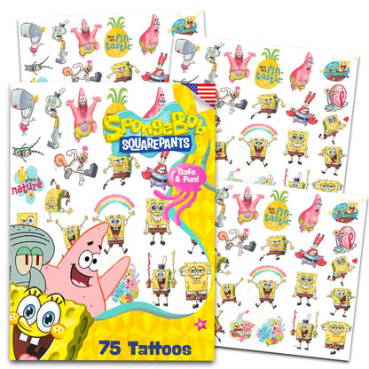 SpongeBob Schwammkopf Temporäre Tattoos für Kinder und Erwachsene - 75 Stück für Partygeschenke, Goodie Bags und mehr (SpongeBob Partybedarf Set)