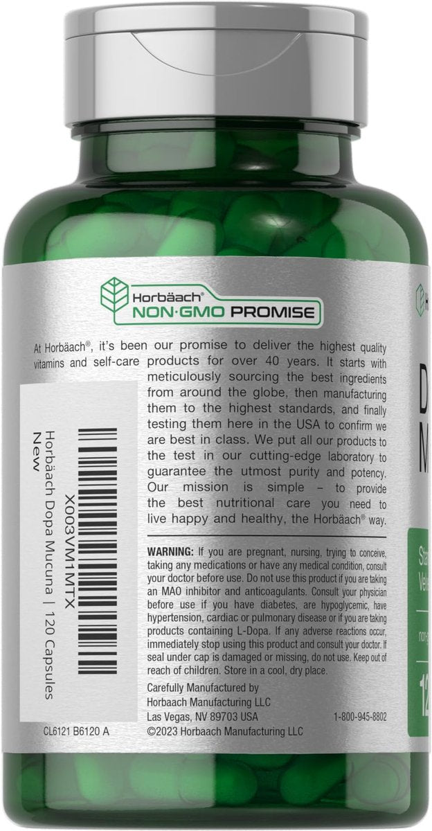 Horbäach Dopa Mucuna Kapseln | 120 Kapseln | Samtbohnen Kräuterextrakt | 15% L-Dopa | Non-GMO & Glutenfrei