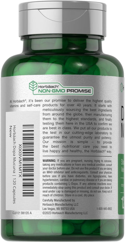 Horbäach Dopa Mucuna Kapseln | 120 Kapseln | Samtbohnen Kräuterextrakt | 15% L-Dopa | Non-GMO & Glutenfrei