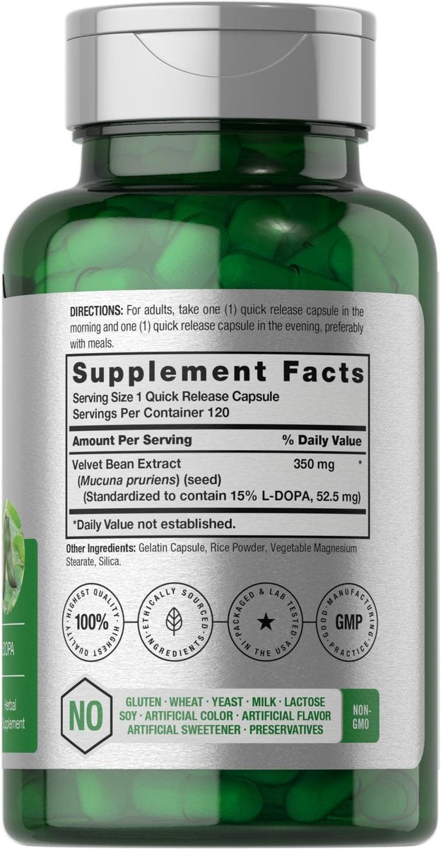 Horbäach Dopa Mucuna Kapseln | 120 Kapseln | Samtbohnen Kräuterextrakt | 15% L-Dopa | Non-GMO & Glutenfrei