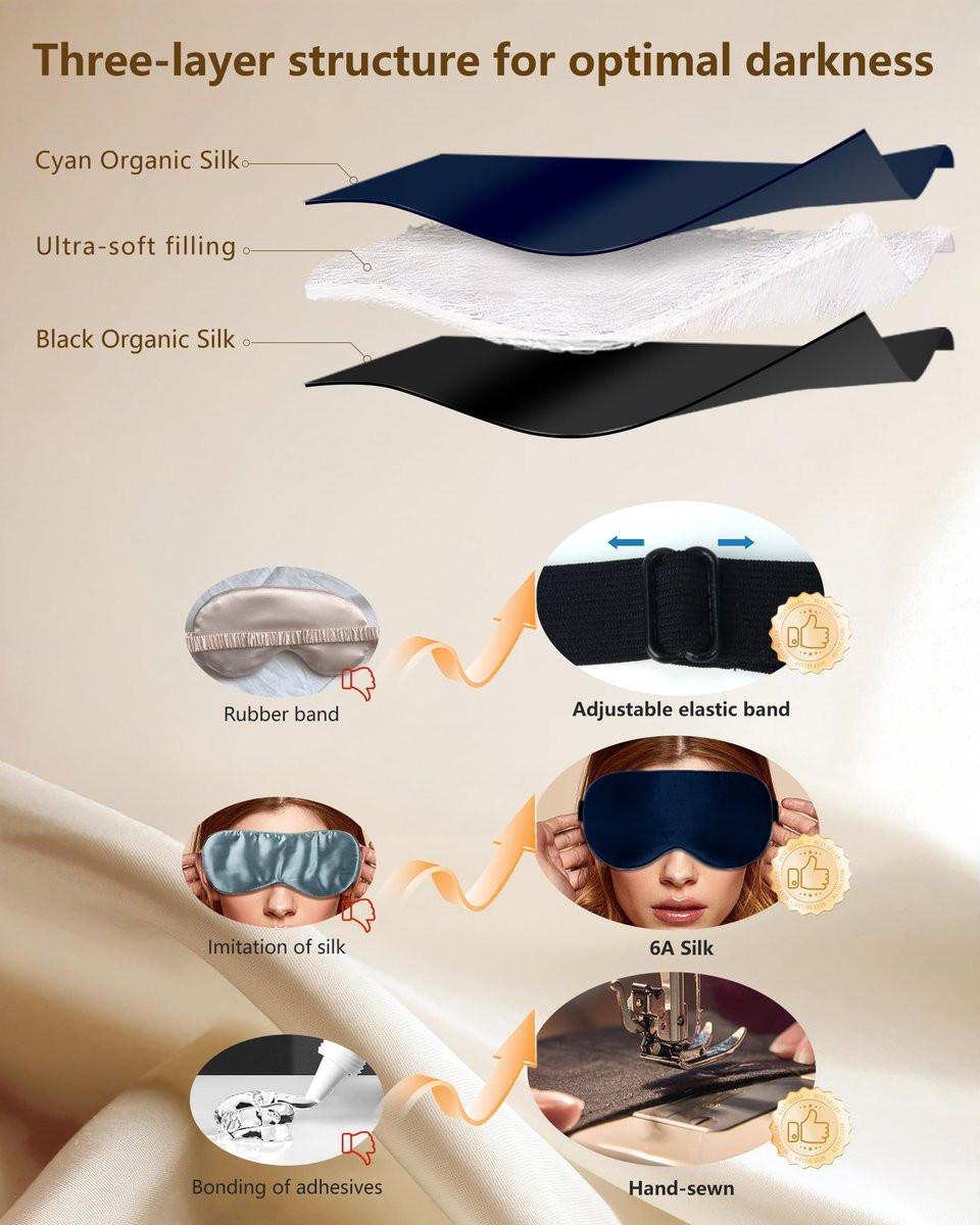 BLSSNZ Seiden-Augenmaske zum Schlafen – Weiche, atmungsaktive, natürliche Maulbeerseide, verdunkelnde Schlafmaske mit verstellbarem Band, druckfreie Augenmaske für Reisen, Geschenke (Marineblau)