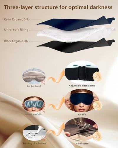 BLSSNZ Seiden-Augenmaske zum Schlafen – Weiche, atmungsaktive, natürliche Maulbeerseide, verdunkelnde Schlafmaske mit verstellbarem Band, druckfreie Augenmaske für Reisen, Geschenke (Marineblau)