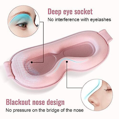 QUWOLACE 3D Tiefenkontur Schlafmaske – Ergonomische Augenmaske ohne Druck, 99% Lichtblockade, Memory-Schaum, Verstellbarer Riemen, für Schlaf, Yoga, Reisen (1 Stück, Pink)