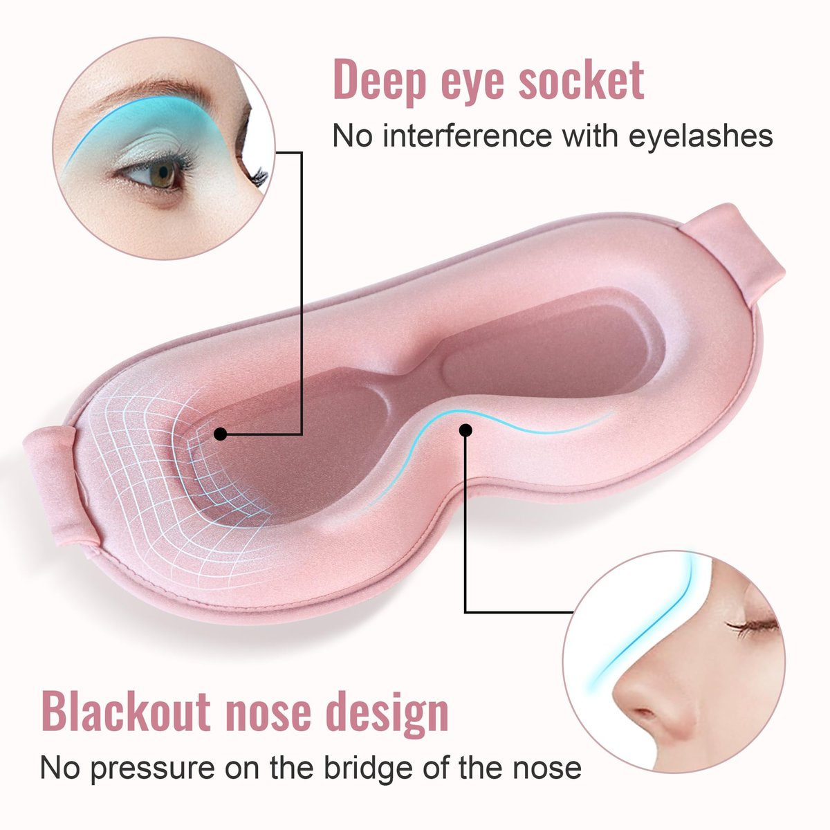 QUWOLACE 3D Tiefenkontur Schlafmaske – Ergonomische Augenmaske ohne Druck, 99% Lichtblockade, Memory-Schaum, Verstellbarer Riemen, für Schlaf, Yoga, Reisen (1 Stück, Pink)