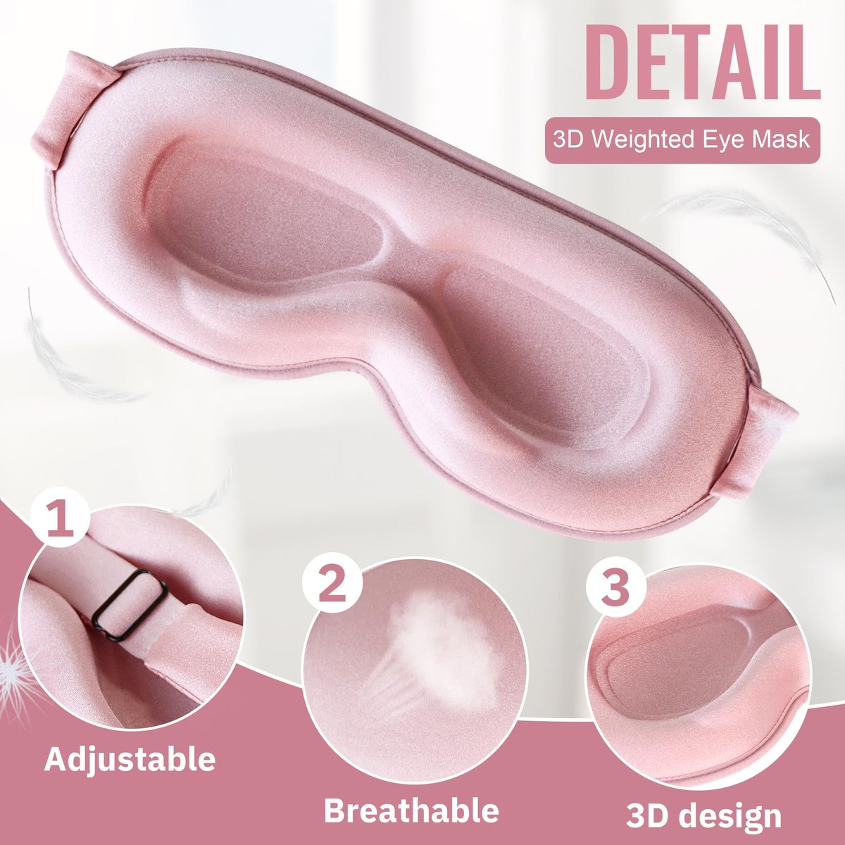 QUWOLACE 3D Tiefenkontur Schlafmaske – Ergonomische Augenmaske ohne Druck, 99% Lichtblockade, Memory-Schaum, Verstellbarer Riemen, für Schlaf, Yoga, Reisen (1 Stück, Pink)