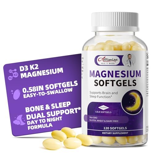 Magnesium Glycinat 400mg Weichkapseln – Kleine, leicht zu schluckende, hochabsorbierbare Magnesiumergänzung mit Vitamin D3 & K2 für Schlaf, Entspannung, Ruhe, Muskel- und Knochengesundheit, 120 Gelkapseln