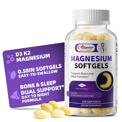 Magnesium Glycinat 400mg Weichkapseln – Kleine, leicht zu schluckende, hochabsorbierbare Magnesiumergänzung mit Vitamin D3 & K2 für Schlaf, Entspannung, Ruhe, Muskel- und Knochengesundheit, 120 Gelkapseln