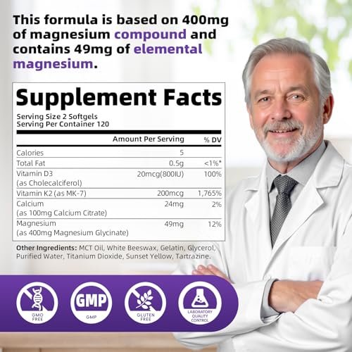 Magnesium Glycinat 400mg Weichkapseln – Kleine, leicht zu schluckende, hochabsorbierbare Magnesiumergänzung mit Vitamin D3 & K2 für Schlaf, Entspannung, Ruhe, Muskel- und Knochengesundheit, 120 Gelkapseln