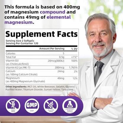 Magnesium Glycinat 400mg Weichkapseln – Kleine, leicht zu schluckende, hochabsorbierbare Magnesiumergänzung mit Vitamin D3 & K2 für Schlaf, Entspannung, Ruhe, Muskel- und Knochengesundheit, 120 Gelkapseln