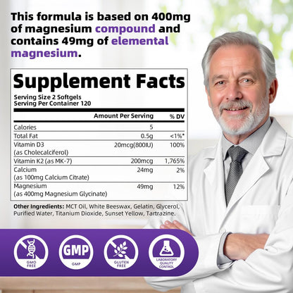 Magnesium Glycinat 400mg Weichkapseln – Kleine, leicht zu schluckende, hochabsorbierbare Magnesiumergänzung mit Vitamin D3 & K2 für Schlaf, Entspannung, Ruhe, Muskel- und Knochengesundheit, 120 Gelkapseln